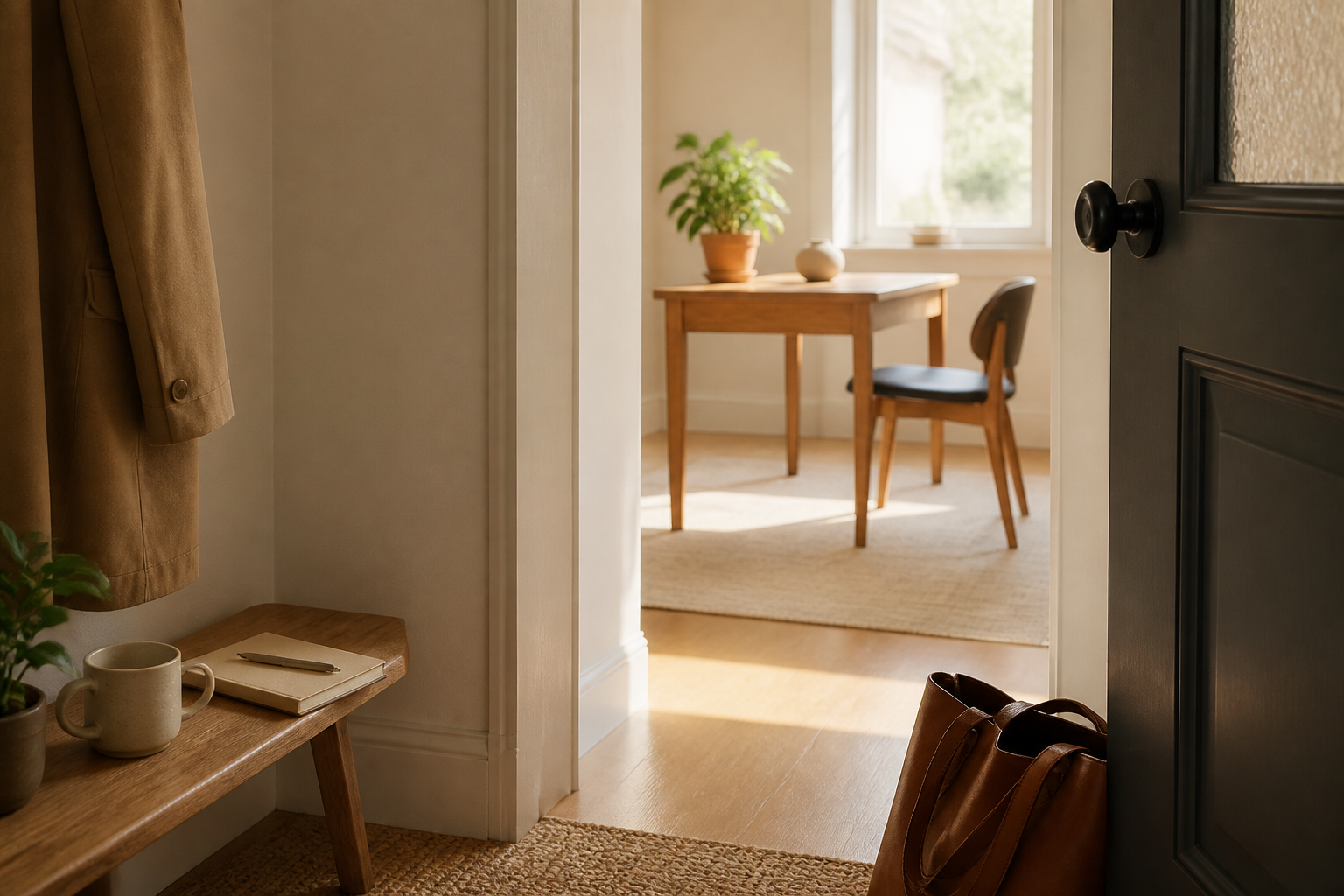 Sunny workspace beyond an open doorway with a notebook, mug, coat, and plant