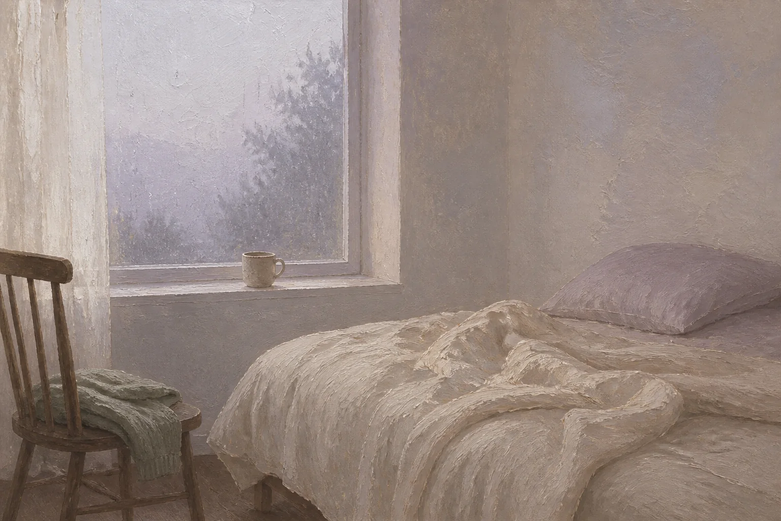 Muted oil painting of a quiet rainy morning with an unmade bed, wooden chair, and cup resting on the windowsill.