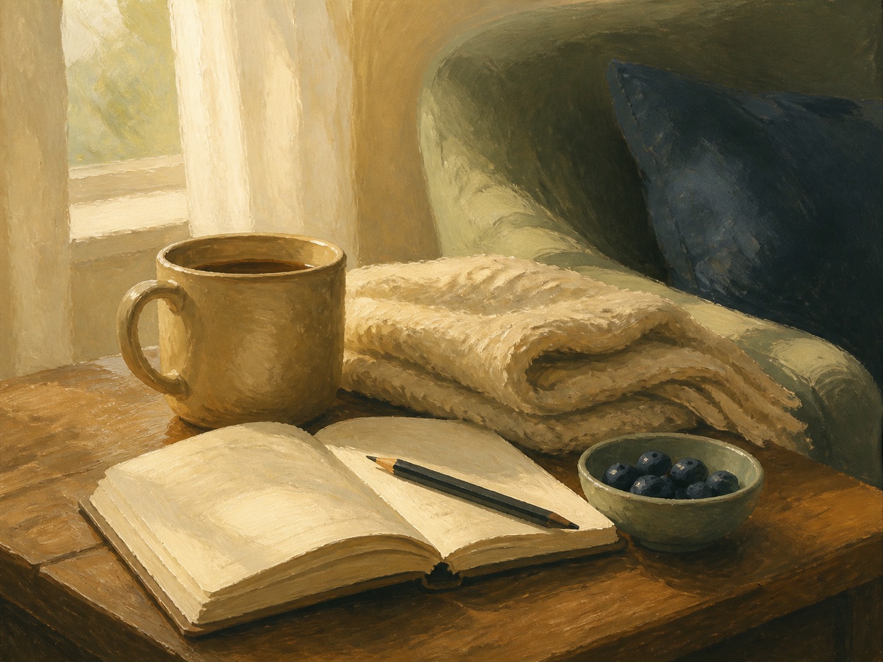 Minimal oil-painted tabletop with a warm mug, folded blanket, blank journal, pencil, and bowl of blueberries beside a quiet armchair, representing a small act of care during grief.