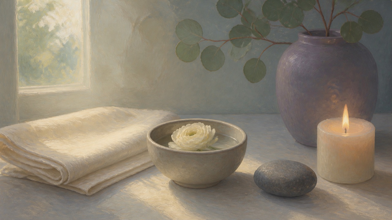 Minimal oil-painted still life with a folded cream cloth, pale flower, smooth river stone, and softly glowing candle in gentle window light, representing a tender pause during grief.