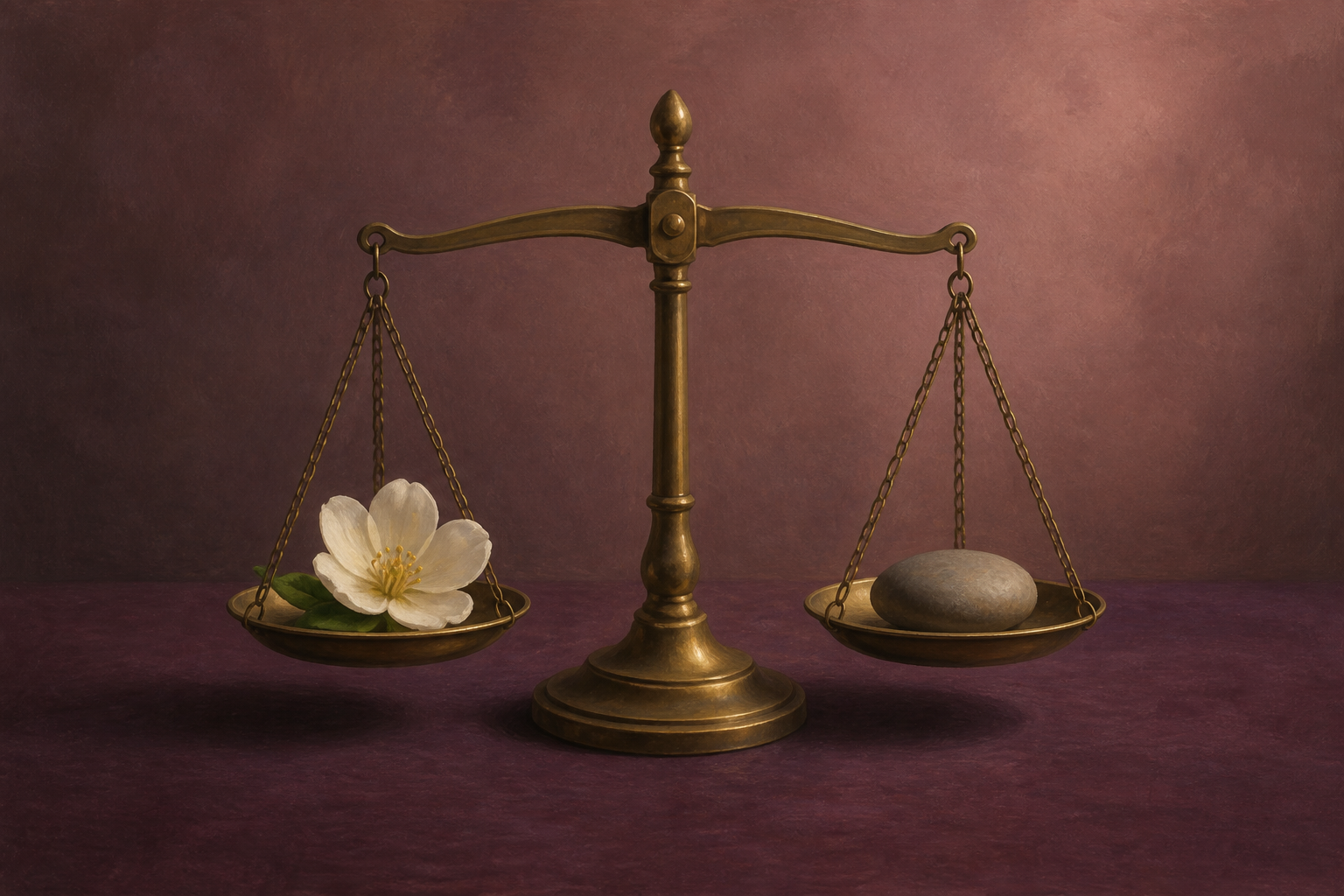 Oil-painted brass balance scale holding a white flower and smooth pebble, representing choosing gentle, believable words.