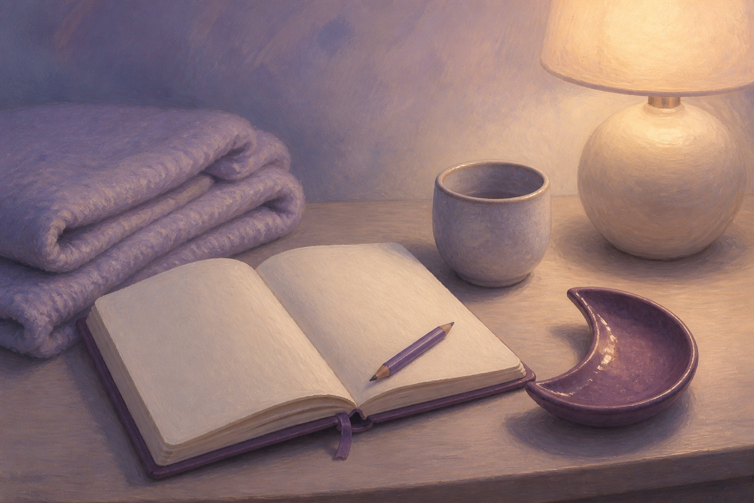 Minimal oil-painted still life of a blank journal, pencil, ceramic cup, folded blanket, crescent dish, and softly glowing lamp for a bedtime affirmation routine.