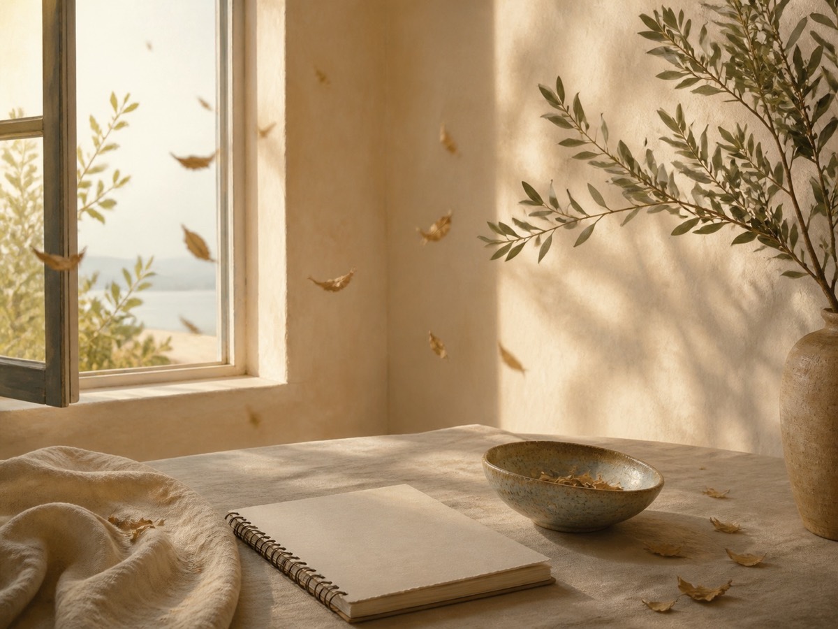 Warm sunlit still life with an open window, drifting leaves, a ceramic bowl, and a blank journal representing letting go.