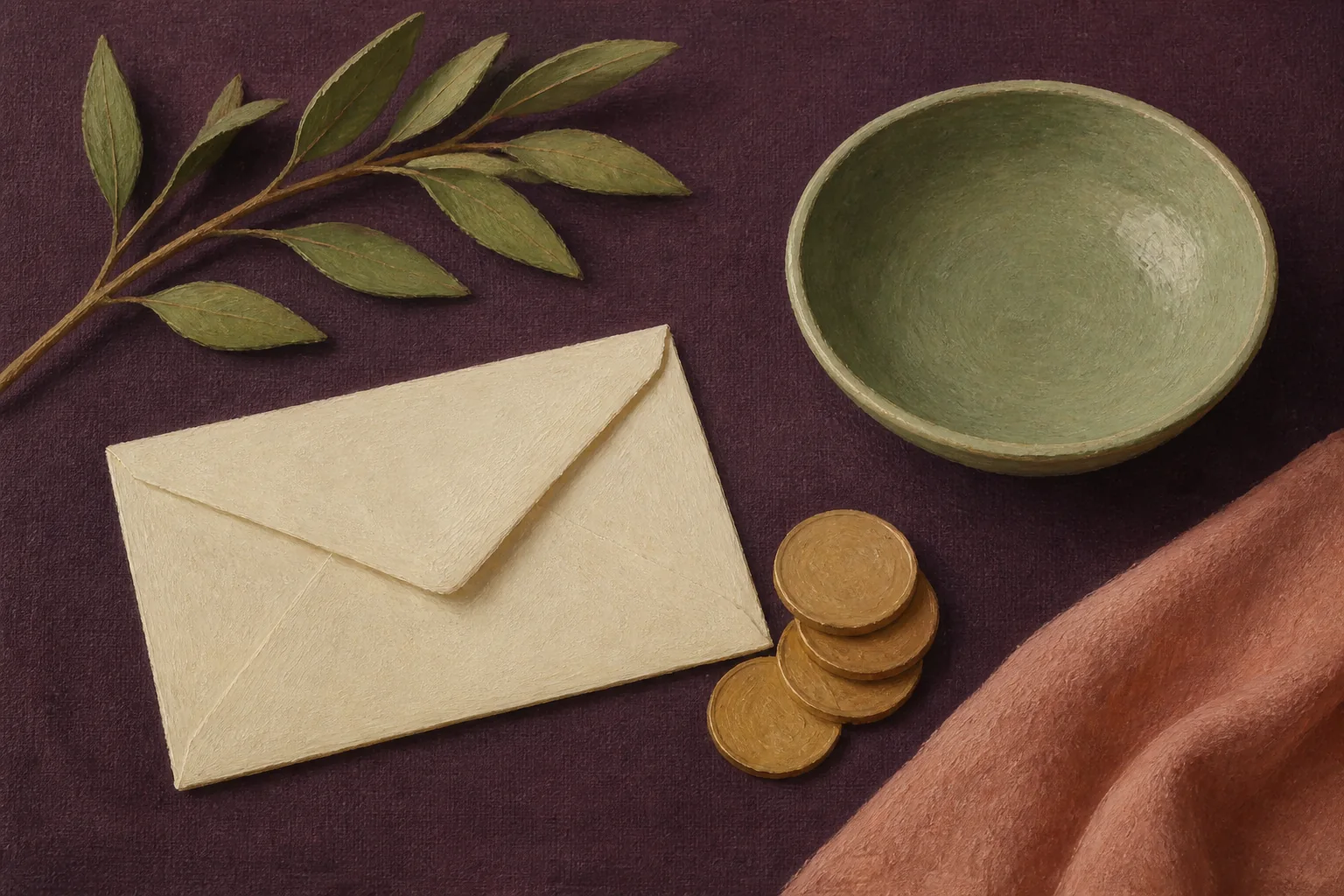 Top-down oil illustration of a cream envelope, unmarked coins, green ceramic bowl, and leafy branch arranged on deep plum cloth.