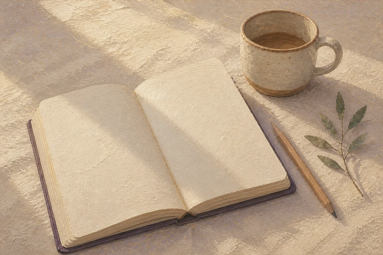 Oil illustration of an open blank journal, ceramic cup, pencil, and small leafy sprig arranged in soft morning light.