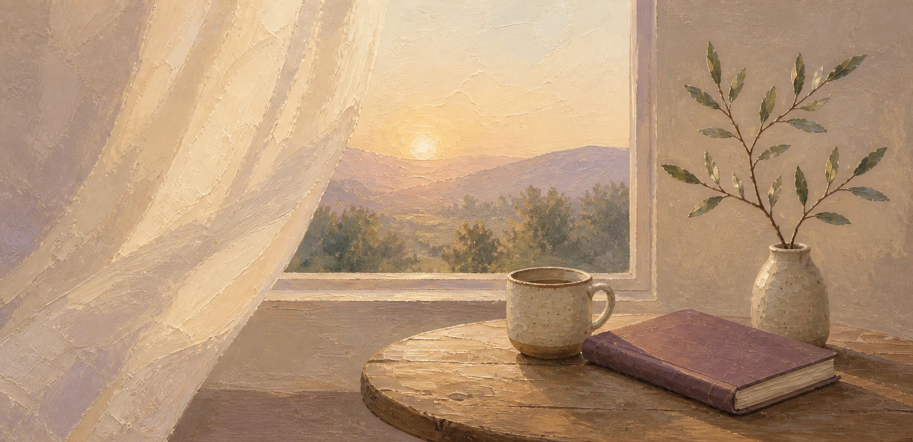 Oil-painted morning interior with sunrise through an open window, a ceramic cup, closed journal, and leafy branch on a wooden table.