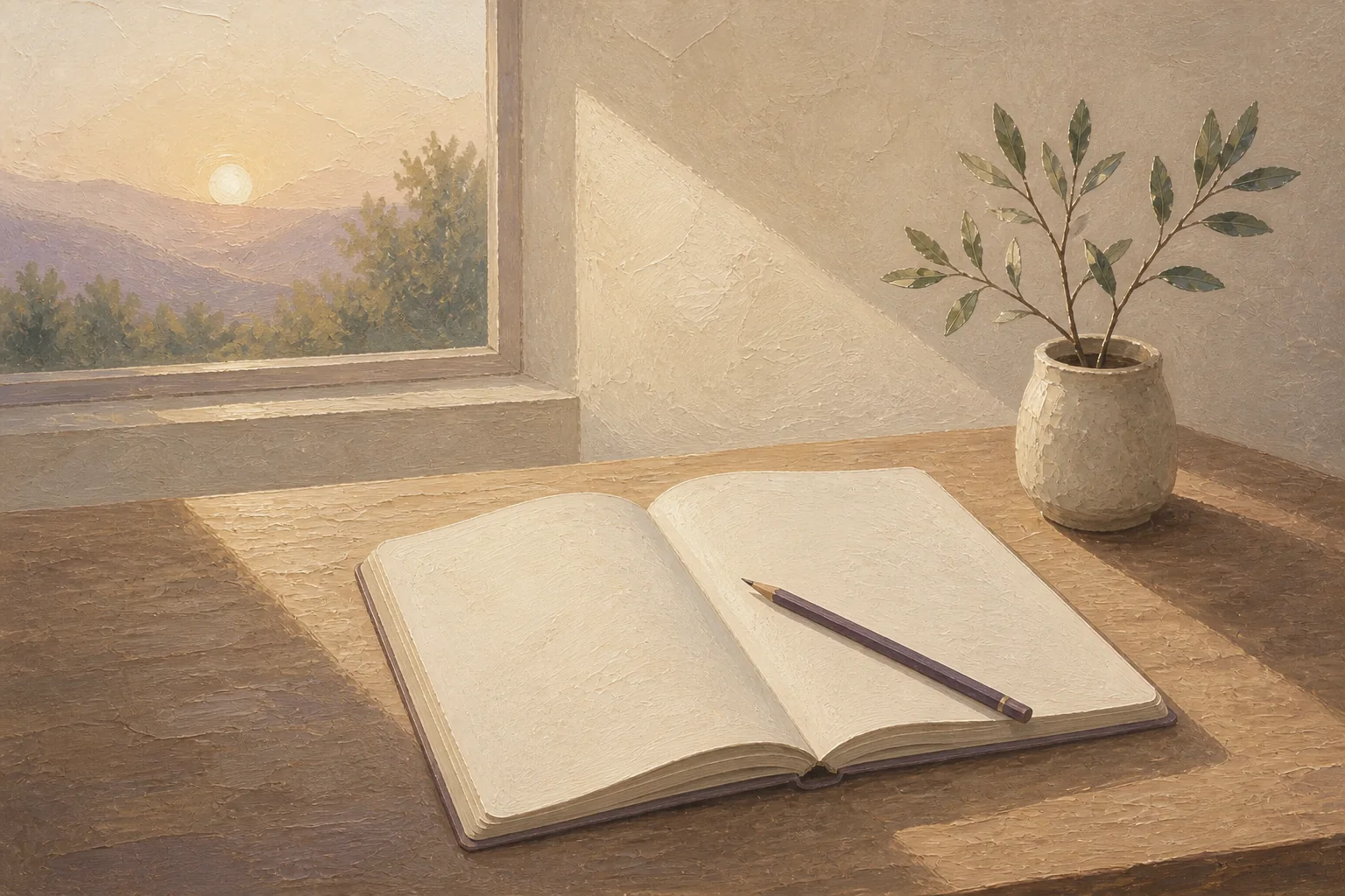 Minimal oil illustration of a simple desk with an open blank notebook, plum pencil, leafy plant, and early sunlight.
