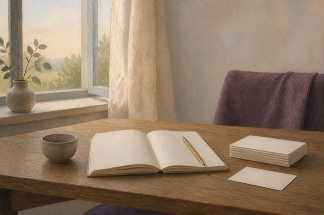 Minimal oil-painted still life of a warm home workspace with blank cards in a ceramic bowl, a plum notebook, a smooth stone, and an open window, representing starting when motivation is low.