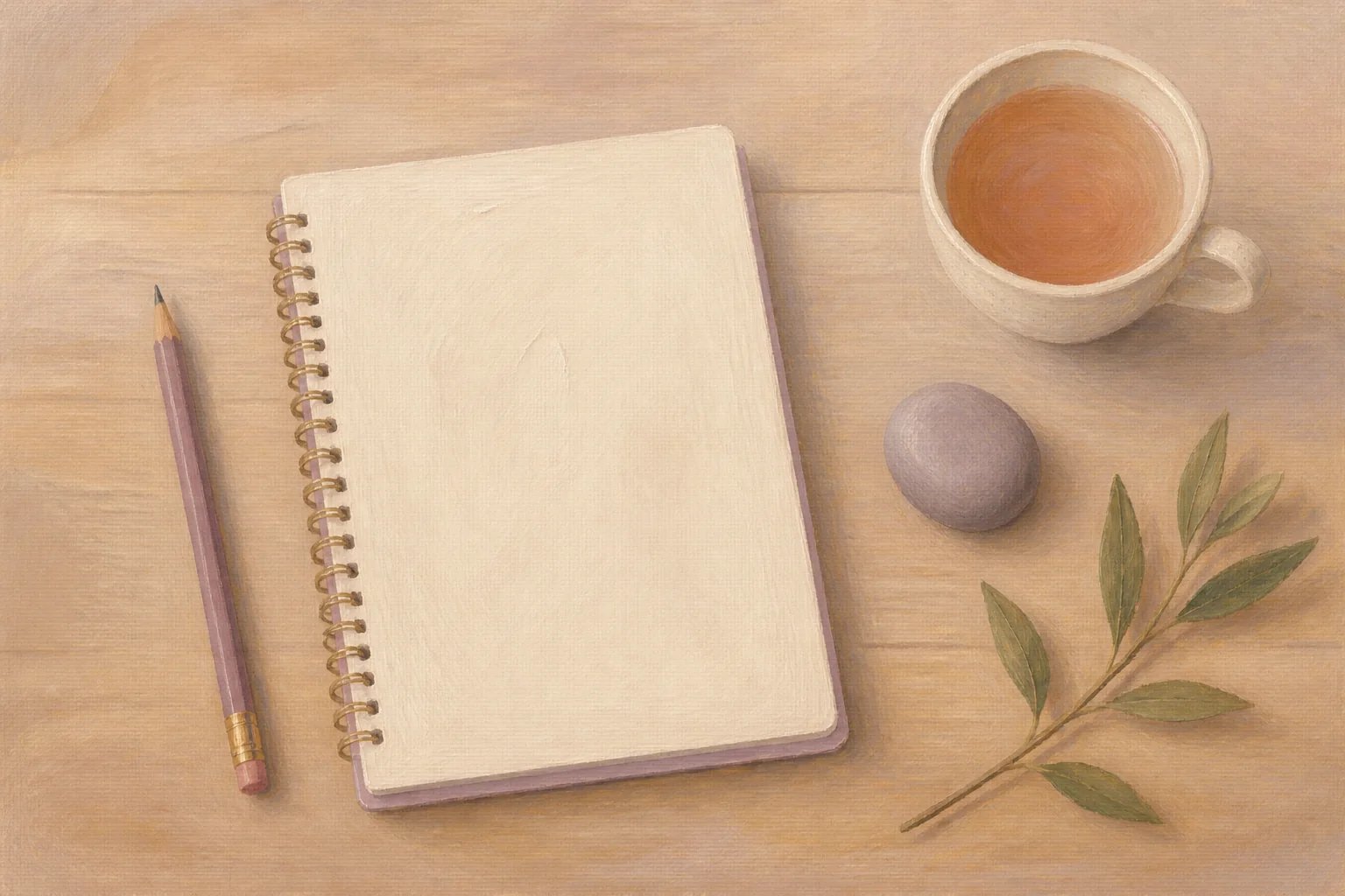 Minimal oil illustration of a blank journal, pencil, smooth stone, tea cup, and leafy sprig arranged on a quiet wooden table.