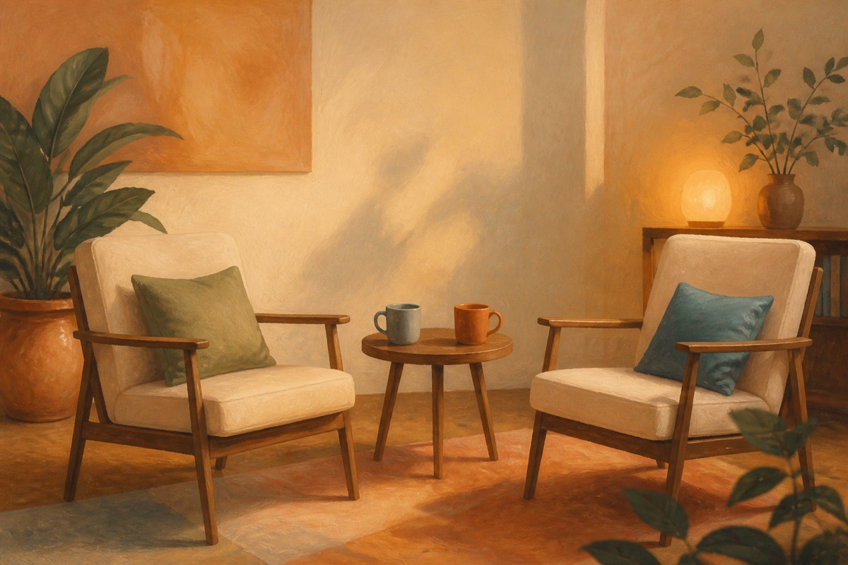 Two chairs and two mugs around a small table, representing honest conversation and mutual listening.