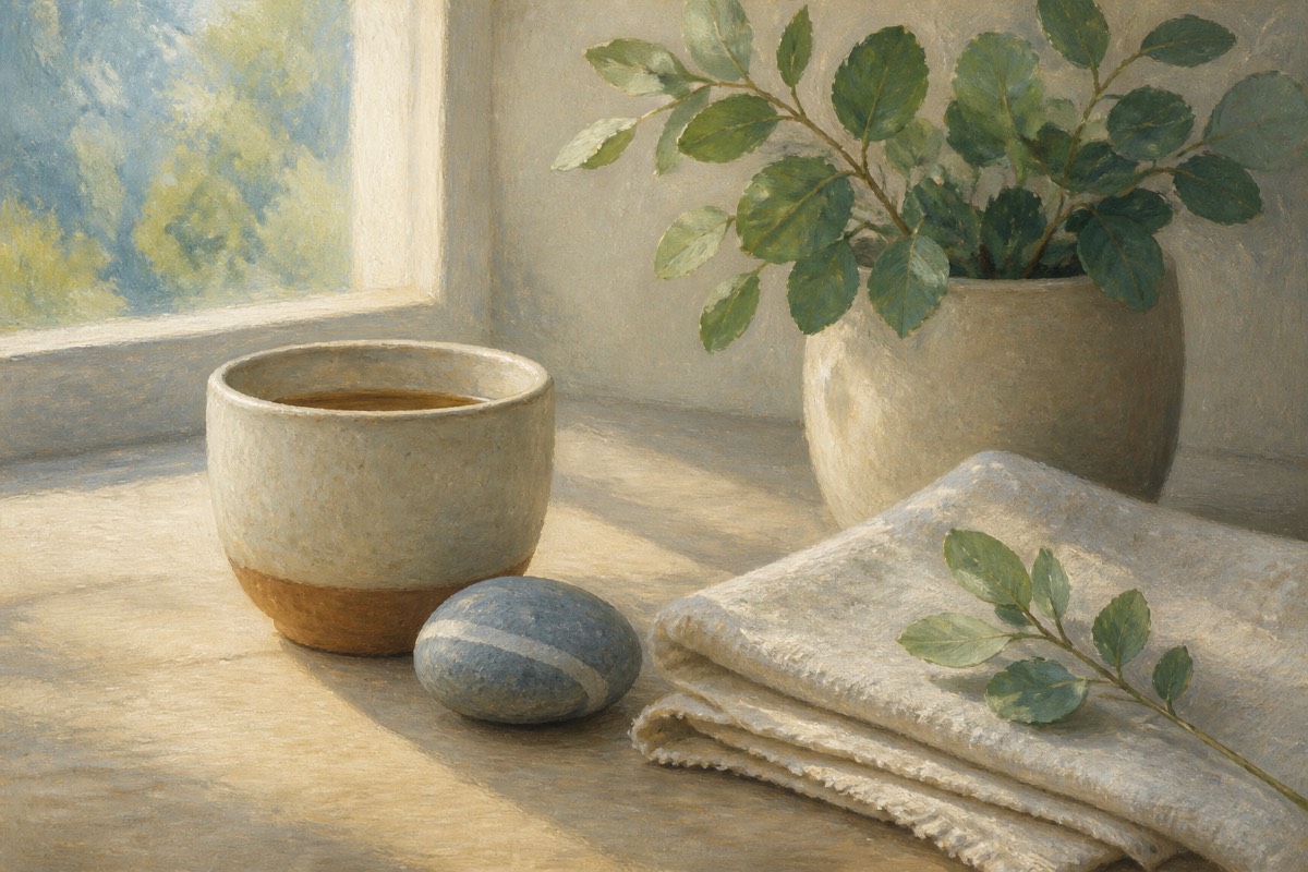 Ceramic cup, smooth stone, folded linen, and leafy plant beside a window, representing a grounding pause before responding.