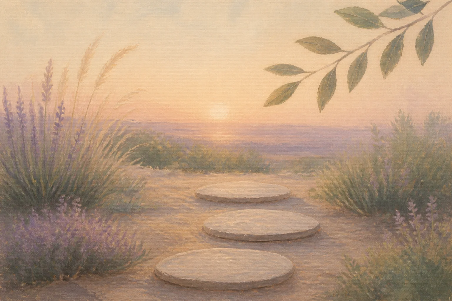 Soft oil painting of three stepping stones along a peaceful garden path at sunrise, with lavender grasses and a leafy branch.