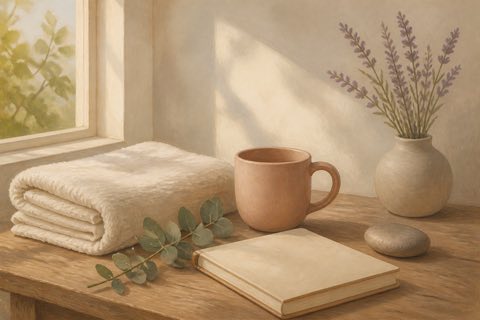 Minimal oil-painted still life with a folded cream towel, warm ceramic mug, leafy sprig, smooth stone, and blank journal in soft window light, representing gentle self-care.