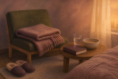Minimal oil-painted bedroom corner with a folded blanket, closed book, water glass, simple bowl, and slippers in warm evening light, representing rest and basic care when energy is low.