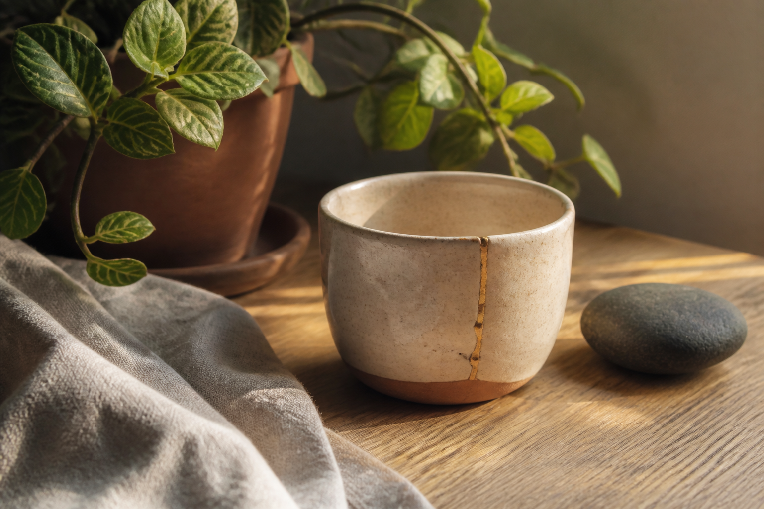 Repaired ceramic cup beside a small plant, smooth stone, and linen