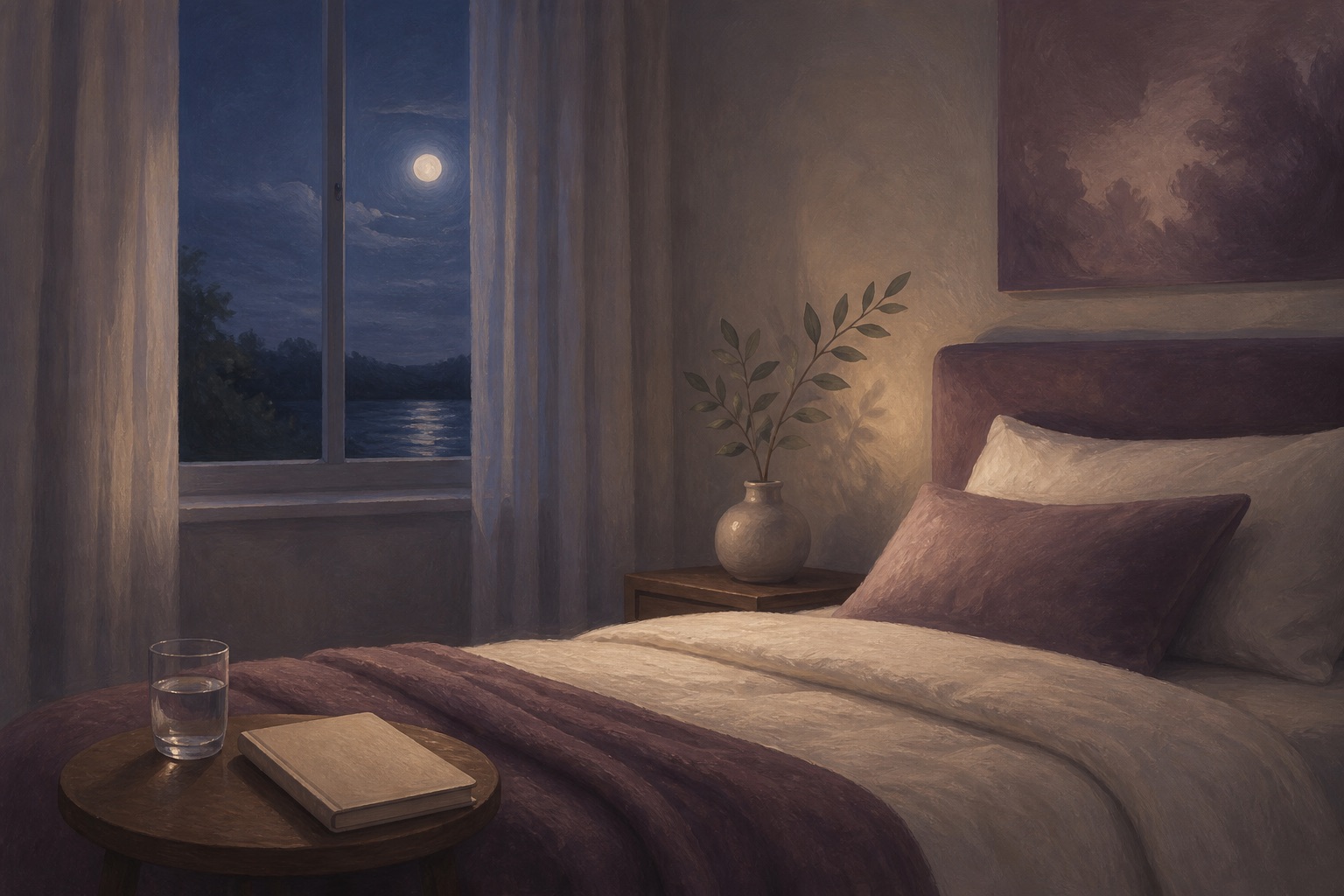 Oil-painted night bedroom with a neatly made bed, moonlit window, ceramic water glass, closed journal, and leafy branch, symbolizing restful sleep affirmations.