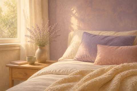 A sunlit bedroom corner with a folded blanket and lavender, representing a compassionate fresh start.