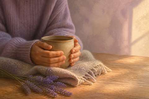 Hands holding a warm mug beside a blanket and lavender in soft window light