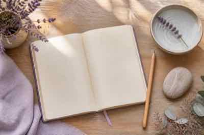 An open blank journal, pencil, smooth stone, and lavender sprig arranged in soft daylight