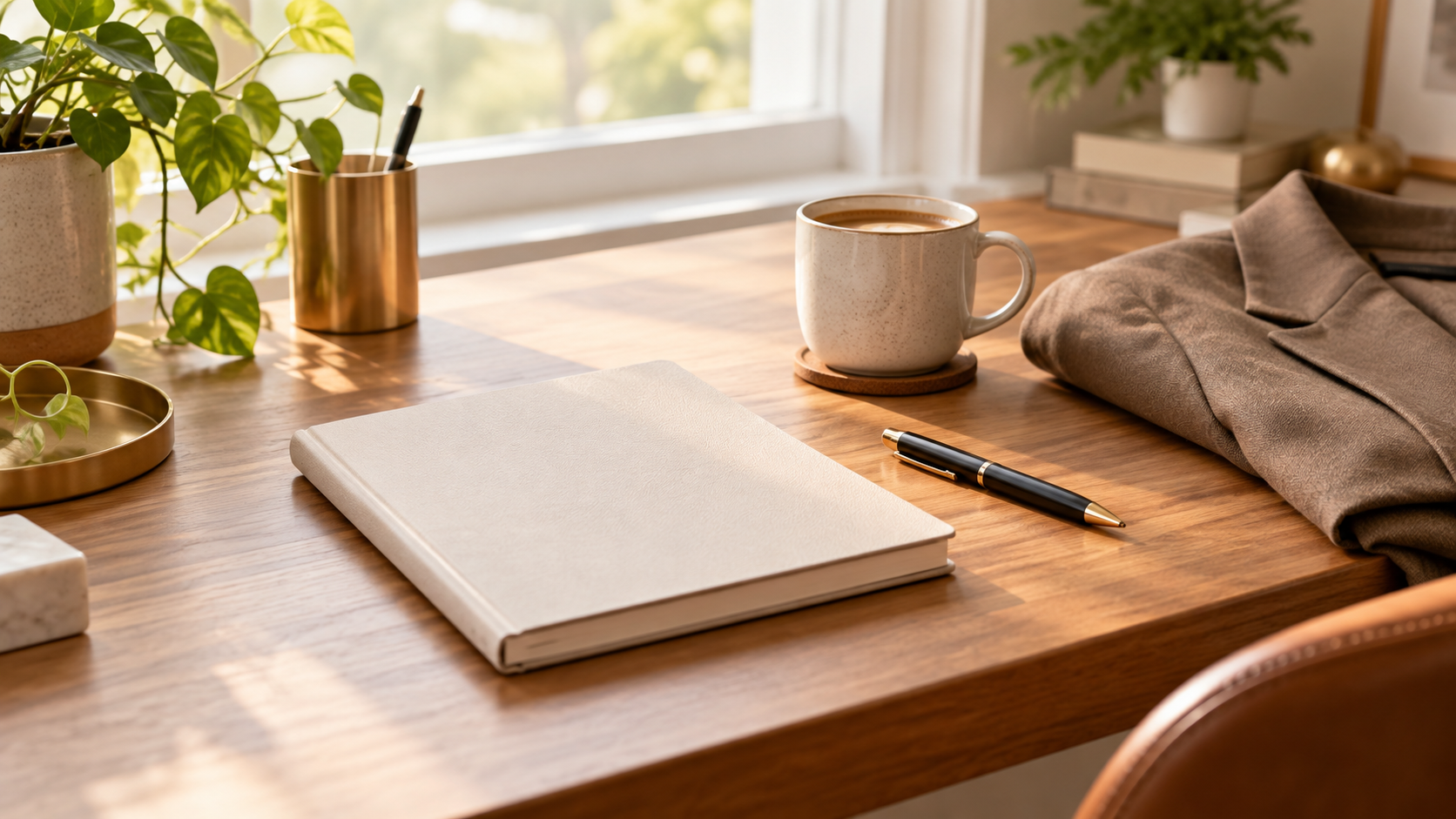 Warm desk with a blank notebook, pen, coffee cup, and folded blazer for asking for a raise affirmations