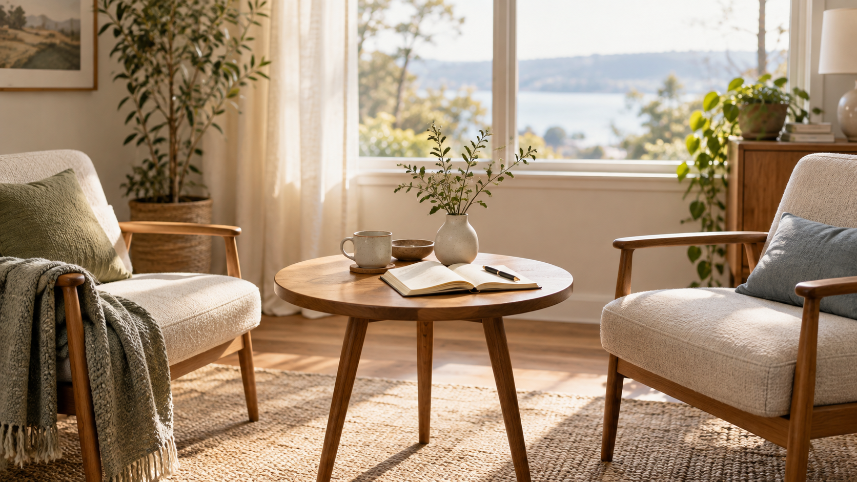 Two chairs and an open notebook in a bright room, suggesting a calm conversation