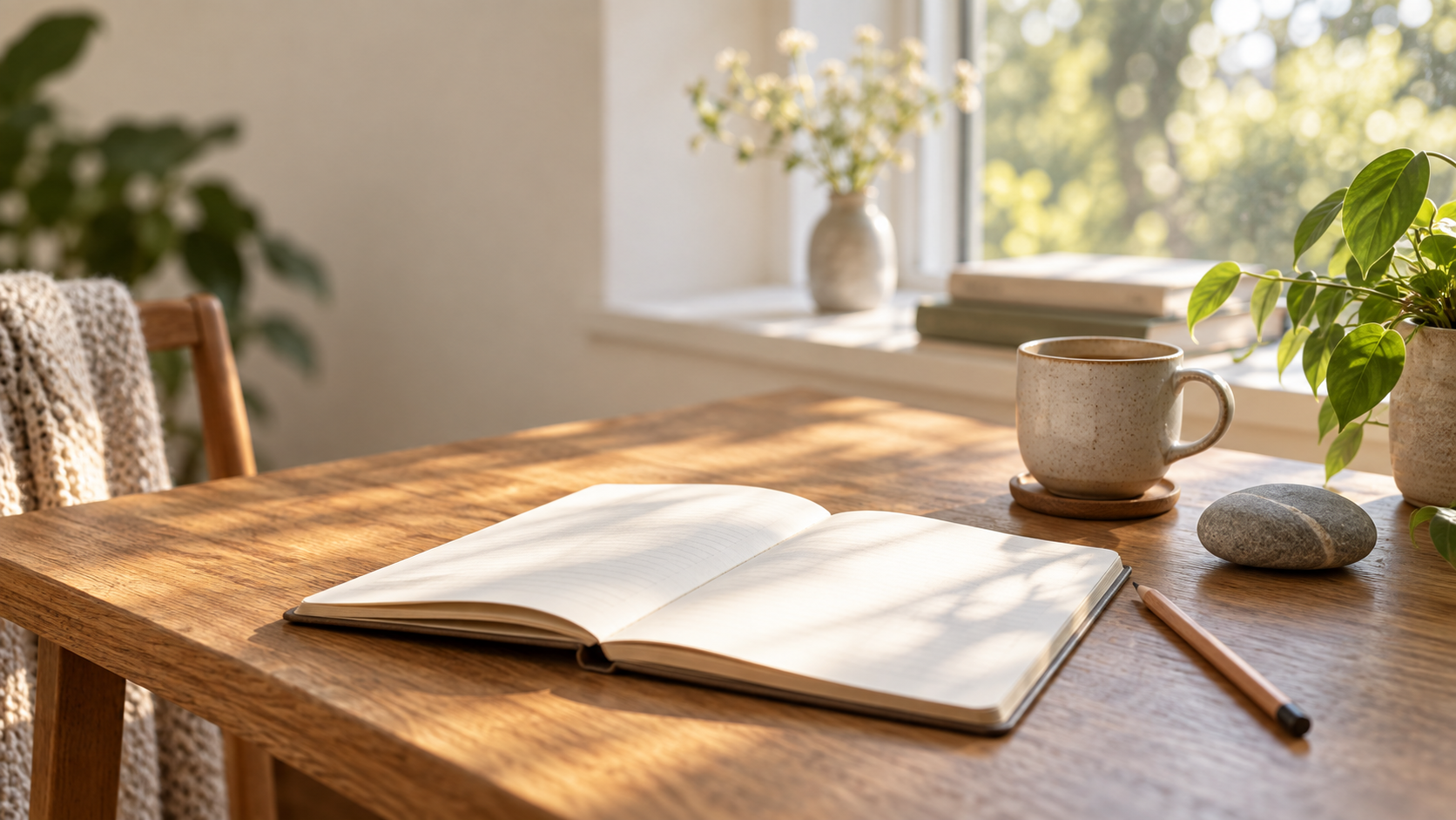 Open blank notebook, pencil, ceramic cup, and river stone on a sunlit wooden table.