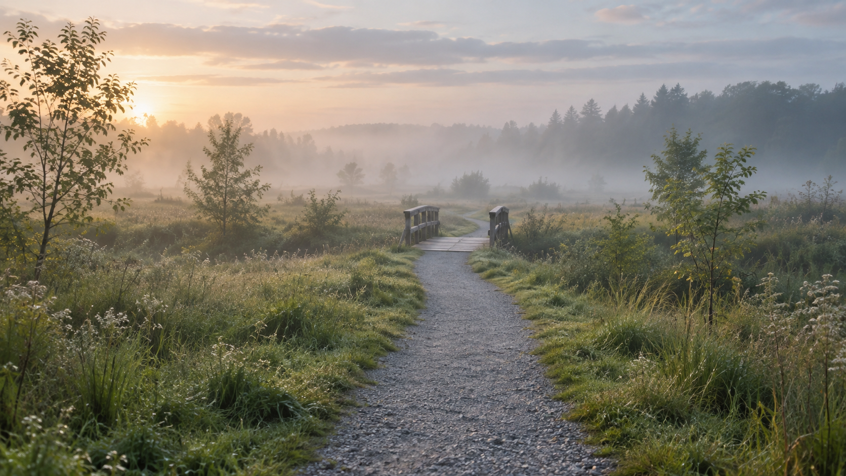 A gravel path and small wooden bridge leading through a misty meadow at sunrise